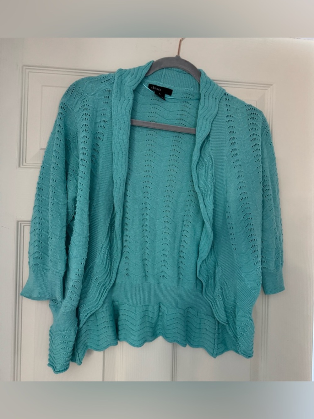 Thesis Teal Cropped Open-Front Knit Cardigan with Scalloped Edge / Size Large